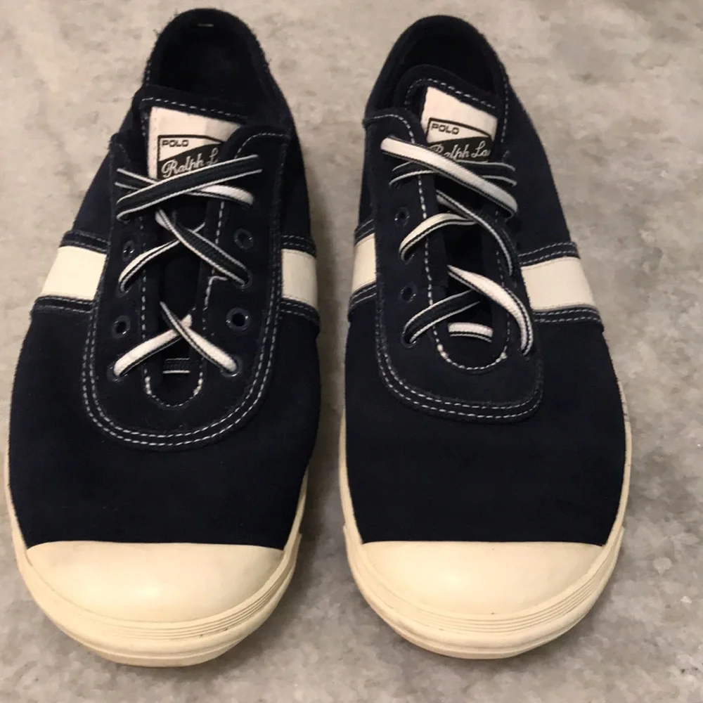 Vintage Polo Ralph‎ Lauren Sport Sneakers Mens 7.5 Navy Blue White Leather Retro